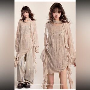 Beige Knit Oversize Bohemian Top and Scarf Set